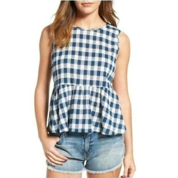 Size 1 (Small) Current Elliott Blue Gingham Peplum Blouse Top Cotton - Picture 6 of 6